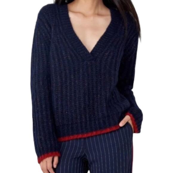 La Ligne Women's Navy Blue Alpaca Wool Blend Fuzzy Wuzzy V-Neck Sweater XS NEW